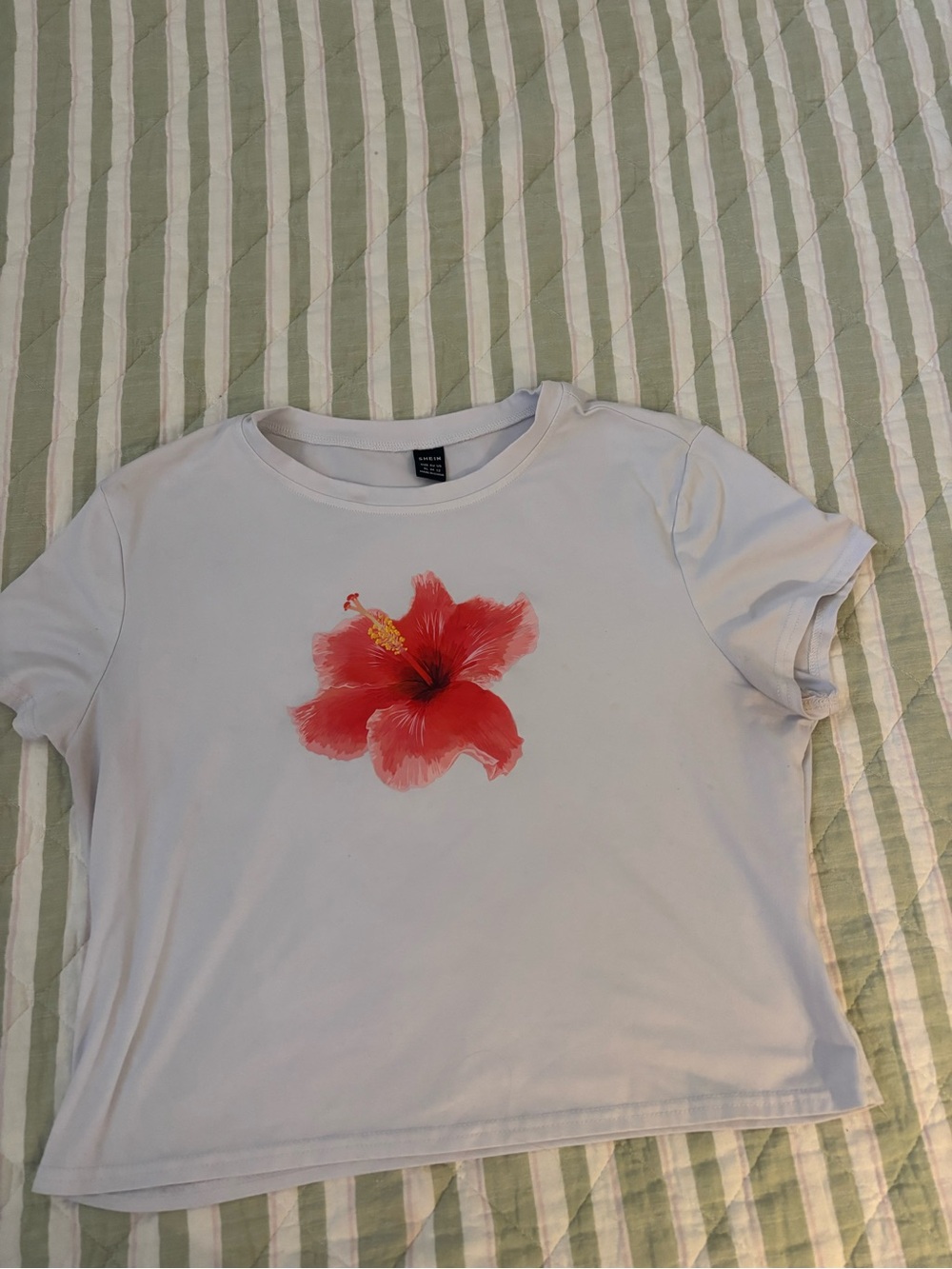 SHEIN White Short-Sleeve Tee with Red Hibiscus Graphic